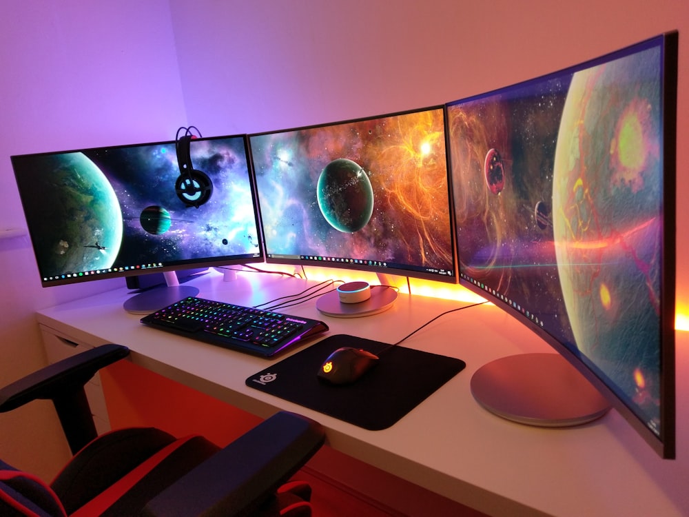 Desktop computer setup with multiple monitors